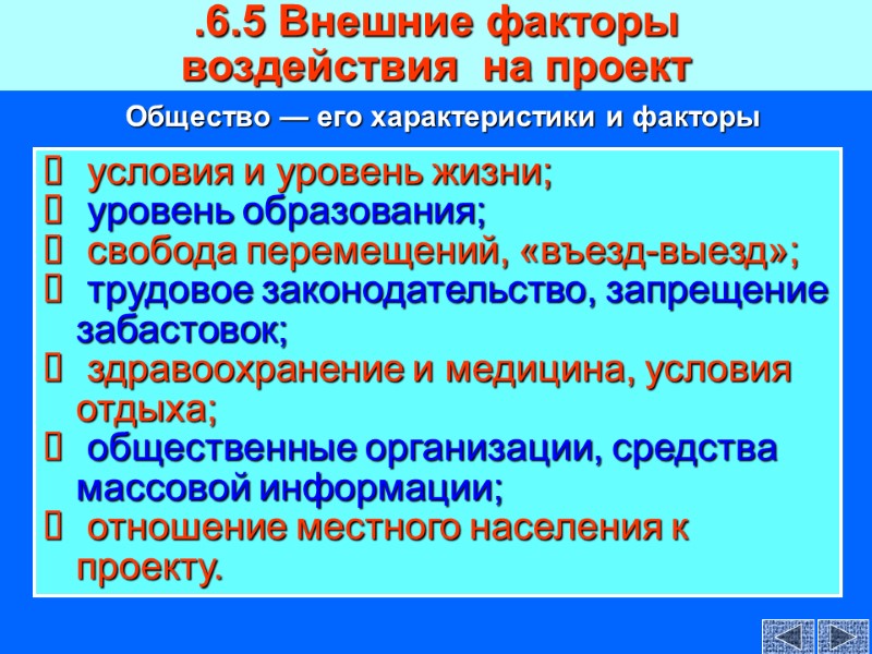 .6.5 Внешние факторы  воздействия  на проект   условия и уровень жизни;